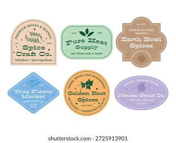 Logos verschiedener Gewürzmarken, die Designs und Farben mit Schwerpunkt auf natürlichen Zutaten und authentischen Aromen zeigen