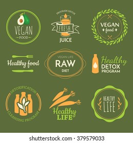 Logos with vegetarian and useful meal.Raw food diet. Healthy lifestyle and proper nutrition. Vector label. Detox logo.