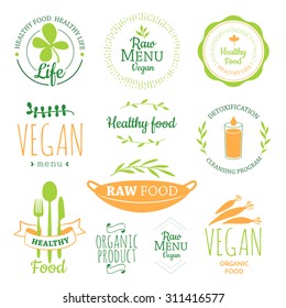 Logos With Vegetarian And Useful Meal. Raw Food Diet. Healthy Lifestyle And Proper Nutrition. Vector Label. Detox Logo.