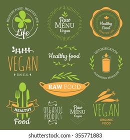 Logos with vegetarian and useful meal. Raw food diet. Healthy lifestyle and proper nutrition. Vector label. Detox logo.