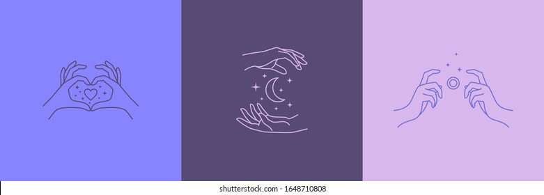 Logos of women's hands in a minimal linear style. Vector emblems with hand gestures holding the moon and stars, camera, heart. For packaging cosmetics, beauty Studio, tattoo, Spa, photographer