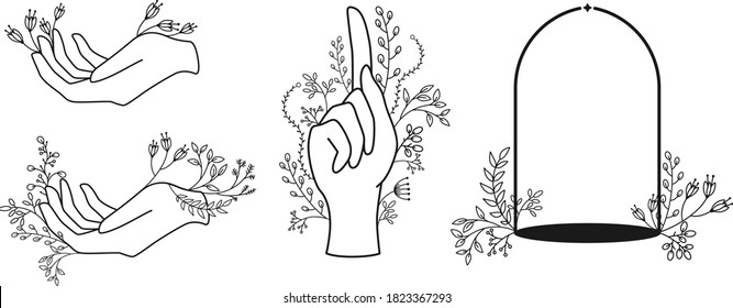 Logos of women's hands in a minimal linear style. Vector emblems with hand and branch.Vector floral outline icon. Tattoo design, logo, wedding invitation, greeting card,poster. Simple Boho Flower