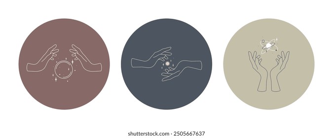Logos of women's hands in minimalistic linear style. Vector emblems with hand gestures holding crescent moon, magic ball and planet. For packaging of cosmetics, beauty studio, tattoo, spa, manicure