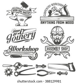 Logos with working stuff. Emblems carpentry workshop, forge, assembly shop. Worker tools. Text on a separate layer - easy to replace.