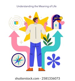 Logotherapy concept. An exploration of life's meaning through personal growth and direction. The illustration shows a person contemplating choices in life, symbolizing self-discovery, purpose, and