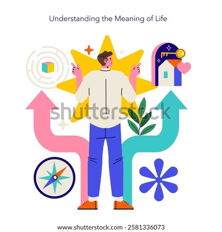 Logotherapy concept. An exploration of life's meaning through personal growth and direction. The illustration shows a person contemplating choices in life, symbolizing self-discovery, purpose, and