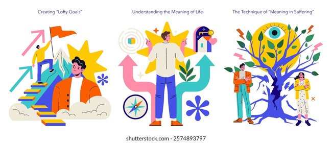 Logotherapy concept. Exploring the search for meaning through life's challenges. Emphasizing the importance of setting lofty goals, finding purpose, and discovering meaning in suffering. Vector