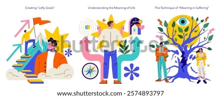 Logotherapy concept. Exploring the search for meaning through life's challenges. Emphasizing the importance of setting lofty goals, finding purpose, and discovering meaning in suffering. Vector