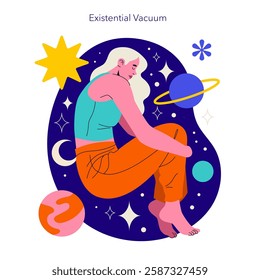 Logotherapy concept. Exploring the theme of existential vacuum, this illustration represents an individual in a contemplative state amidst cosmic elements. The imagery captures feelings of