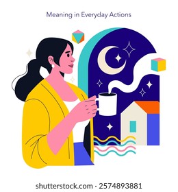 Logotherapy concept. Finding meaning in everyday actions and routines. Exploring the significance of small moments in life that contribute to personal fulfillment and purpose. Vector illustration.