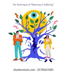 Logotherapy concept illustration. The illustration explores the technique of finding meaning in suffering through a symbolic tree representing growth amid adversity. It highlights the inner journey of