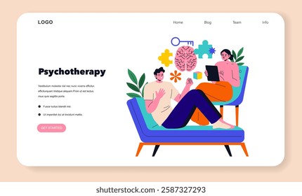 Logotherapy concept. A therapeutic approach focused on finding meaning in life through engaging with emotions and thoughts. Illustrates a therapist interacting with a client, emphasizing mental health