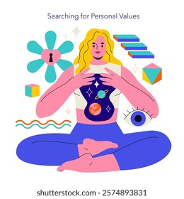 Logotherapy concept. This illustration emphasizes the exploration of personal values and meaning in life. It depicts a figure engaged in self-discovery, surrounded by symbols representing identity