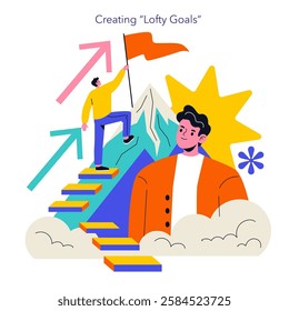 Logotherapy concept. A visual representation of creating lofty goals, depicting a person scaling steps toward success with determination. Elements include arrows symbolizing growth, mountains