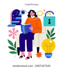 Logotherapy concept. A woman immersed in reading about logotherapy, symbolizing the search for meaning in life. The illustration includes elements like a key, lock, and light bulb, conveying hope and