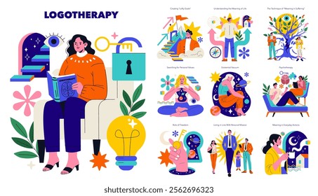 Logotherapy illustration. Exploration of meaning in life through therapeutic concepts. Focus on finding purpose, understanding suffering, and developing personal values. Techniques for achieving goals