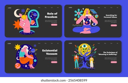 Logotherapy illustration set. Concepts of freedom, personal values, existential vacuum, and meaning in suffering. Explores human experience, personal growth, and existential exploration through