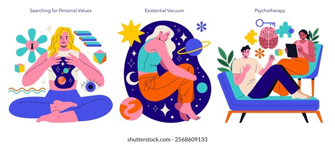 Logotherapy illustration set. Exploring personal values, existential inquiries, and therapeutic processes. Emphasizing self-discovery, addressing emotional challenges, and achieving personal purpose