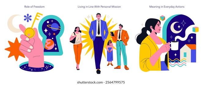 Logotherapy illustration. This art explores the significance of finding meaning in life through personal missions and everyday actions. It highlights freedom role in individual journeys towards