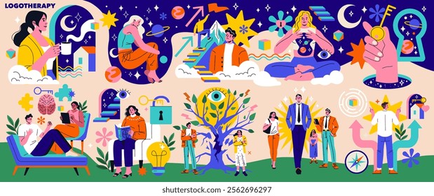 Logotherapy illustration. This design explores the essence of finding meaning in life through various scenarios. Individuals engaged in reflection, personal growth, and dialogue illustrate the