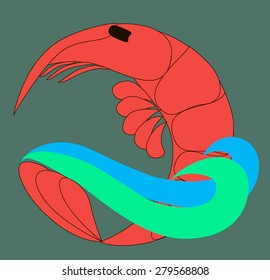 logotip- red shrimp on a gray wave blue fone.morskaya