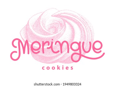 Logotipo de ramitas de merengue, malvavisco, zefír. Vector con letras. dulzura, dulce. Emblema para café, paquete, pastelería.