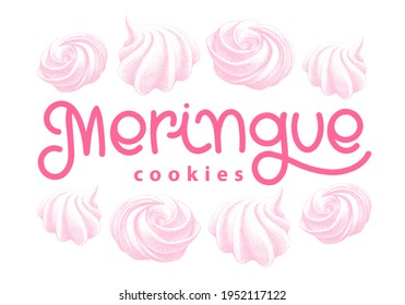 Logotipo de los pliegues de merengue, malvavisco, zefír. dulzura, dulce. Vector con letras. estilo retro vintage gráfico con caligrafía. Emblema para café, paquetes, pastelería.