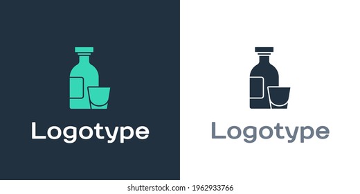 Logotype Alcohol drink Rum bottle and glass icon isolated on white background. Logo design template element. Vector