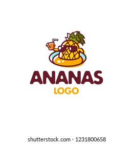 Logotype ananas, logo vector organic products, pineapple, delivery, relax, juice, sunglasses