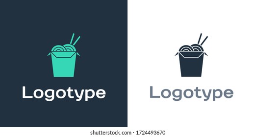 Logotype Asian noodles in paper box and chopsticks icon isolated on white background. Street fast food. Korean, Japanese, Chinese food. Logo design template element. Vector Illustration