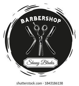 Logotype for barbershop in black and white style. Barber shop logo, emblem with scissors and razors. Hairdressing salon signboard depicting a metal clippers and dangerous blade in black circle form