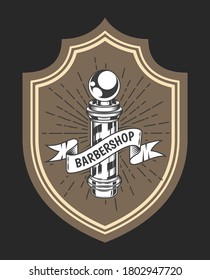 Logotype for barbershop in the form of badge or label. Barber shop logo flat vector design emblem with barber pole sign. Hairdressing salon signboard depicting striped barber pole and signed tape