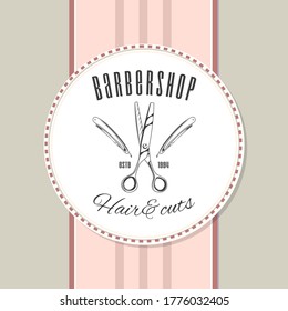 Logotype for barbershop in vintage style. Barber shop logo flat vector design emblem with barber objects sign and lettering. Hairdressing salon signboard. Style haircut banner poster