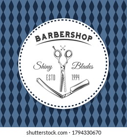 Logotype for barbershop in vintage style. Barber shop logo flat vector design emblem with barber objects sign and lettering. Hairdressing salon signboard. Style haircut banner poster