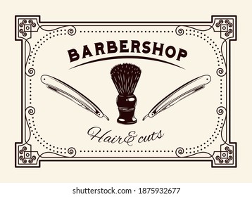 Logotype for barbershop in vintage style. Barber shop logo flat vector design emblem with shaving brush and dangerous blade. Hairdressing salon signboard depicting razors, brush and inscriptions