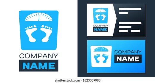 Logotype Bathroom scales with footprints icon isolated on white background. Weight measure Equipment. Weight Scale fitness sport concept. Logo design template element. Vector.