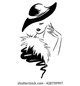 Logotype with beautiful glamour woman in hat. Retro style. Black and white image, vector  hand drawing