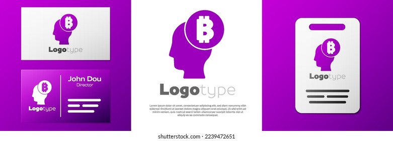 Logotype Bitcoin think icon isolated on white background. Cryptocurrency head. Blockchain technology, digital money market, cryptocoin wallet. Logo design template element. Vector