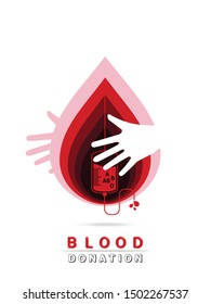 Logotype blood donation, help the sick and needy. dropper with a drop of blood in heart with hand hug concept,on white background Vector illustration