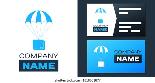 Logotype Box flying on parachute icon isolated on white background. Parcel with parachute for shipping. Delivery service, air shipping concept, bonus. Logo design template element. Vector.