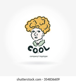 Logotype. The brand name, emblem. Curly girl with a blue collar. The stylized face. Logotype with a man. Logo face. The girl's face with big eyes. Curly blonde with luxuriant hair. Hand drawing logo.