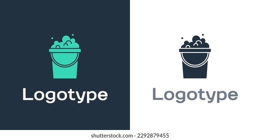 Logotype Bucket with soap suds icon isolated on white background. Bowl with water. Washing clothes, cleaning equipment. Logo design template element. Vector