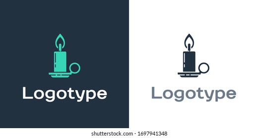 Logotype Burning candle in candlestick icon isolated on white background. Cylindrical candle stick with burning flame. Logo design template element. Vector Illustration