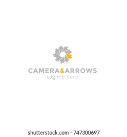 Logotype camera and arrows for cinema, kino, video, shop, business, magazines, company, store, ship, product... Logo vector illustration