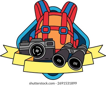 logotipo da Câmera, mochila e binóculos