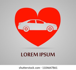 Logotype, car in red heart isolated on grey background. Abstract car in heart logo. Logotype healyh, lorem ipsum, place for your text. Red color car logotype. Health symbol. Vector illustration. 