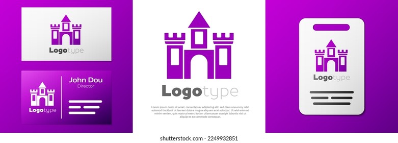 Logotype Castle icon isolated on white background. Medieval fortress with a tower. Protection from enemies. Reliability and defense of the city. Logo design template element. Vector