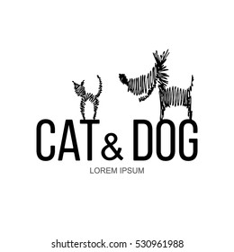 Logotype with cat and dog. Sketch style design element for pet shop, veterinary clinic.