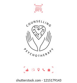 Logotype in a circle - linear symbols - hands hold  the heart with a labyrinth - a symbol of support, mutual help, protect and care.
