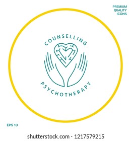 Logotype in a circle - linear symbols - hands hold  the heart with a labyrinth - a symbol of support, mutual help, protect and care.